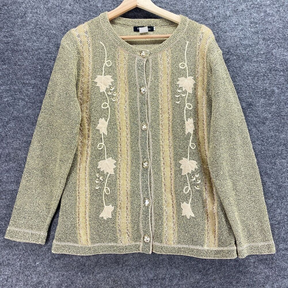 T-C Fashion Cardigan Women L Large Gray Striped Button Up Long Sleeve Knit
